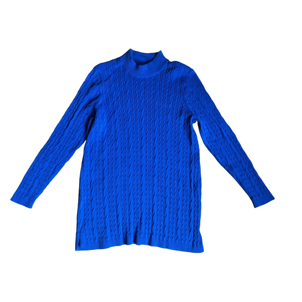 Lands End Womens L 14-16 Blue Cable Knit Mock Neck 100% Cotton Sweater Classic